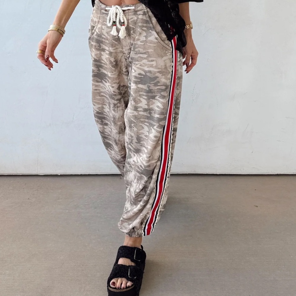 Camouflage Track Pants with Red Stripe
